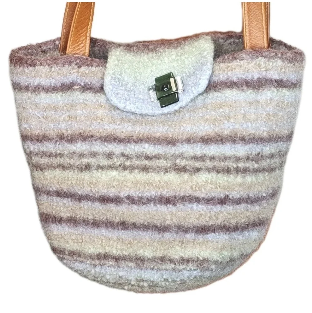 Artisan Handmade Fuzzy Wool Buckle Bag Purse Striped Glass Button Fold Over Top